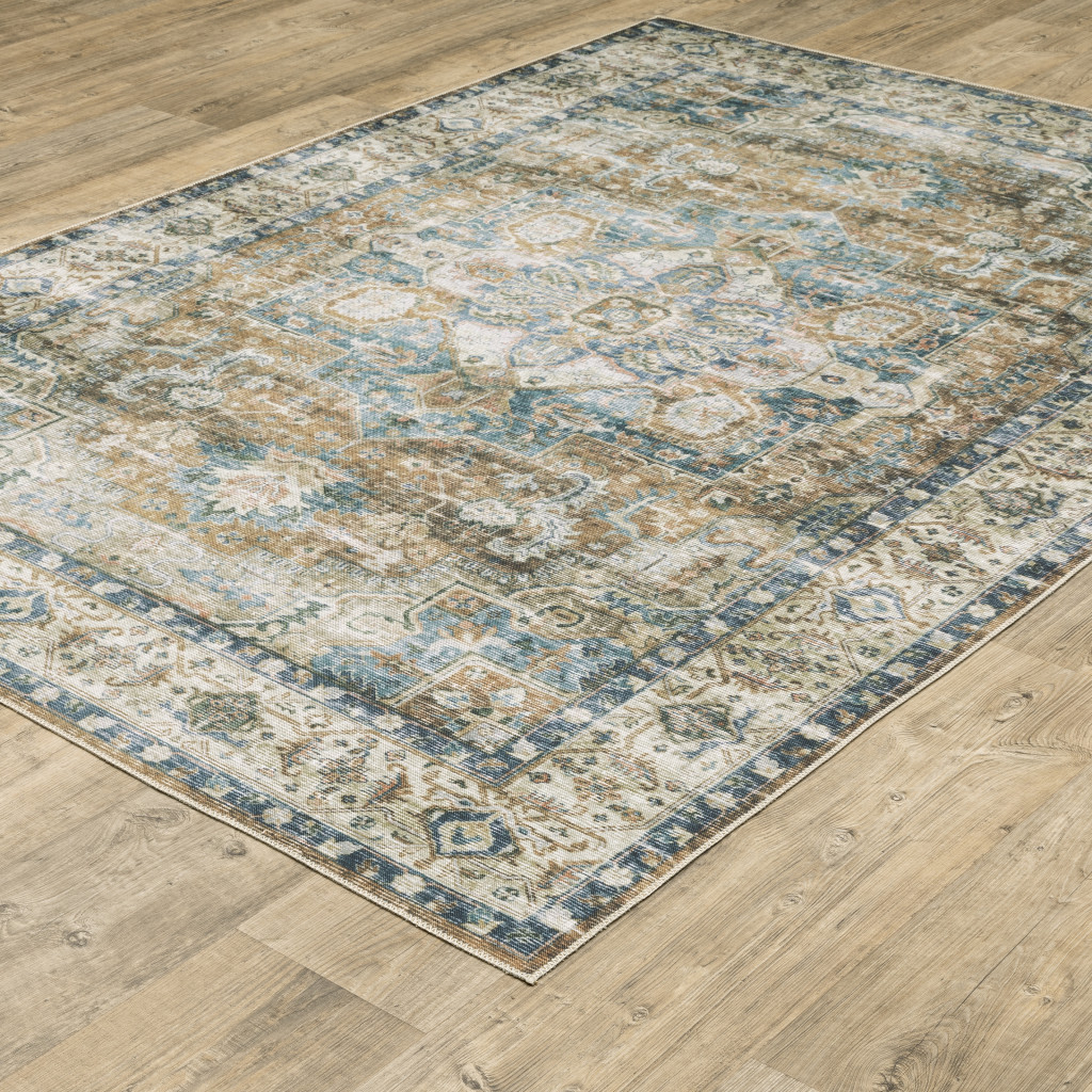 2" X 3" Blue And Gold Oriental Printed Non Skid Area Rug