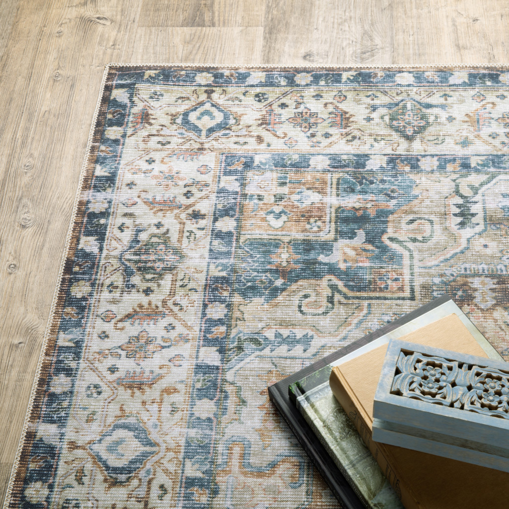 2" X 3" Blue And Gold Oriental Printed Non Skid Area Rug