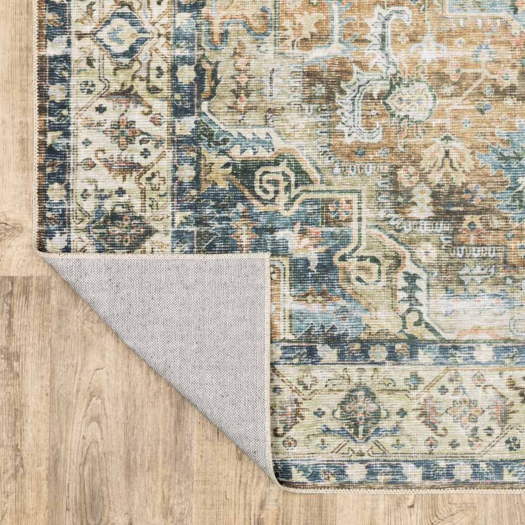 2" X 3" Blue And Gold Oriental Printed Non Skid Area Rug
