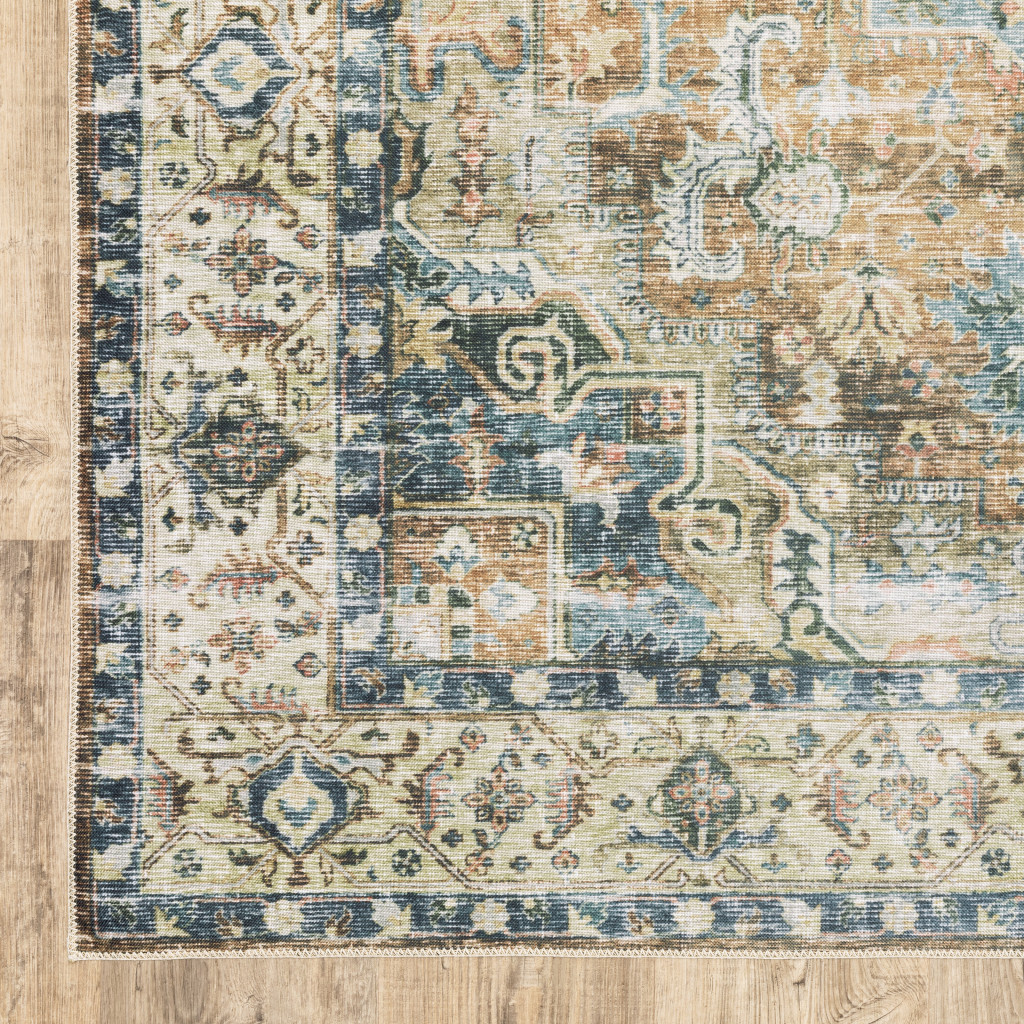 2" X 3" Blue And Gold Oriental Printed Non Skid Area Rug