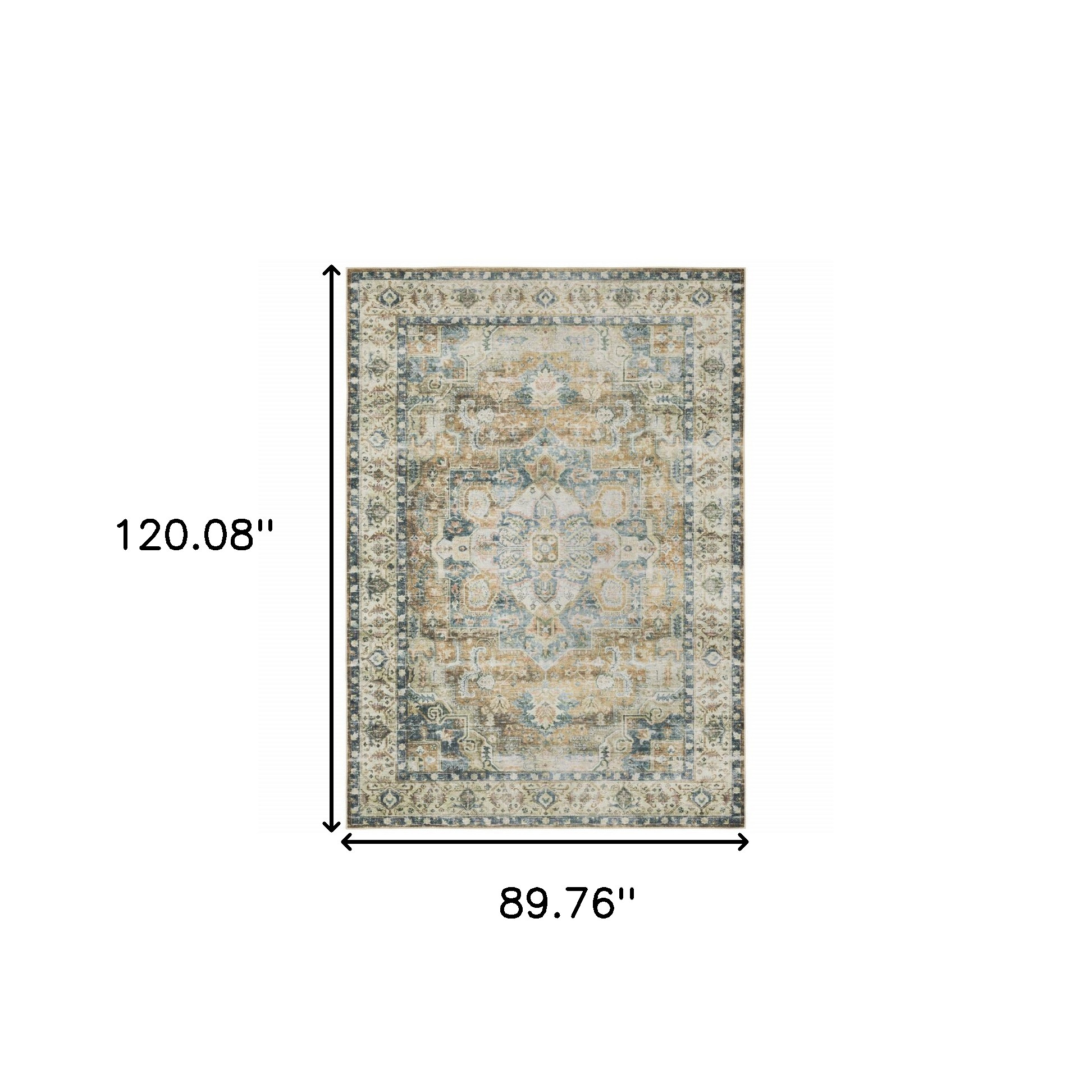 7" X 10" Blue and Gold Oriental Non Skid Area Rug