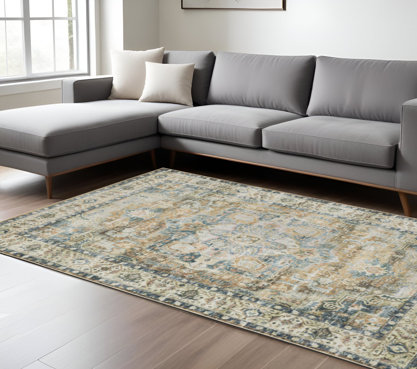 7" X 10" Blue and Gold Oriental Non Skid Area Rug