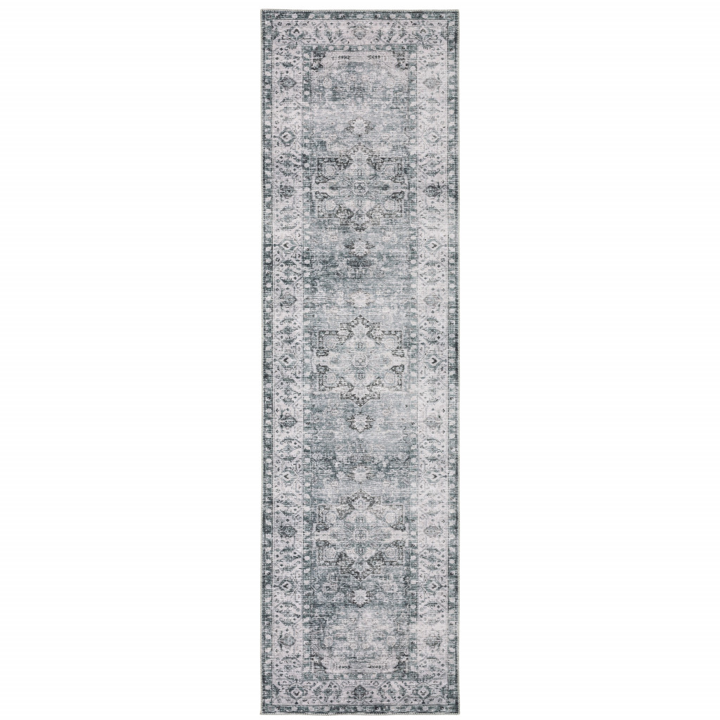 8" Gray And Ivory Oriental Printed Non Skid Runner Rug