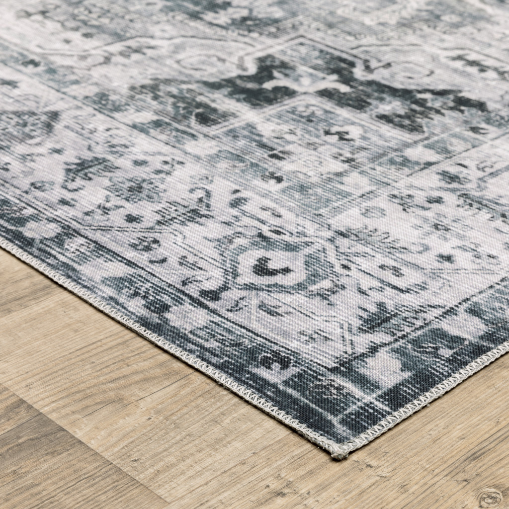 8" Gray And Ivory Oriental Printed Non Skid Runner Rug