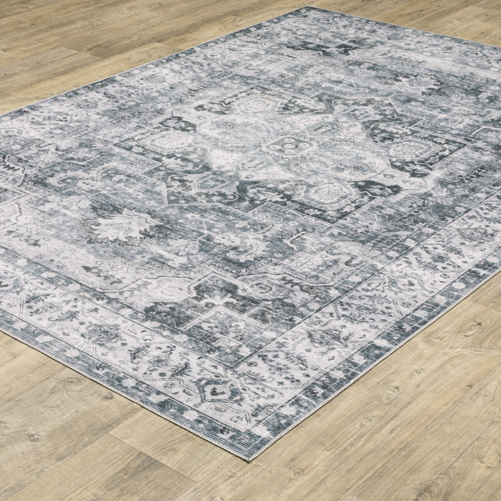 8" Gray And Ivory Oriental Printed Non Skid Runner Rug