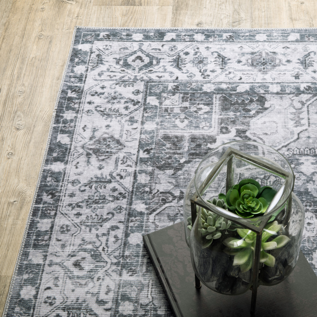 8" Gray And Ivory Oriental Printed Non Skid Runner Rug