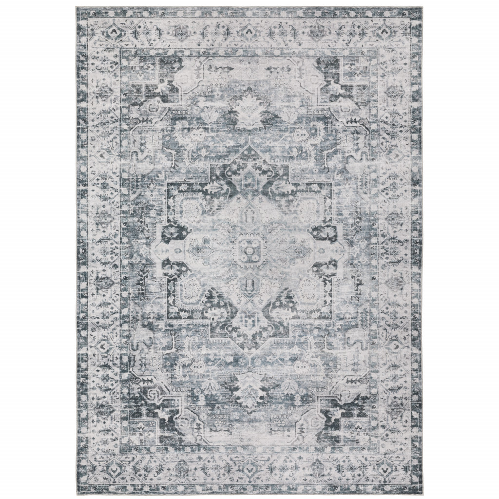 4" X 6" Navy Blue Ivory And Grey Oriental Printed Stain Resistant Non Skid Area Rug