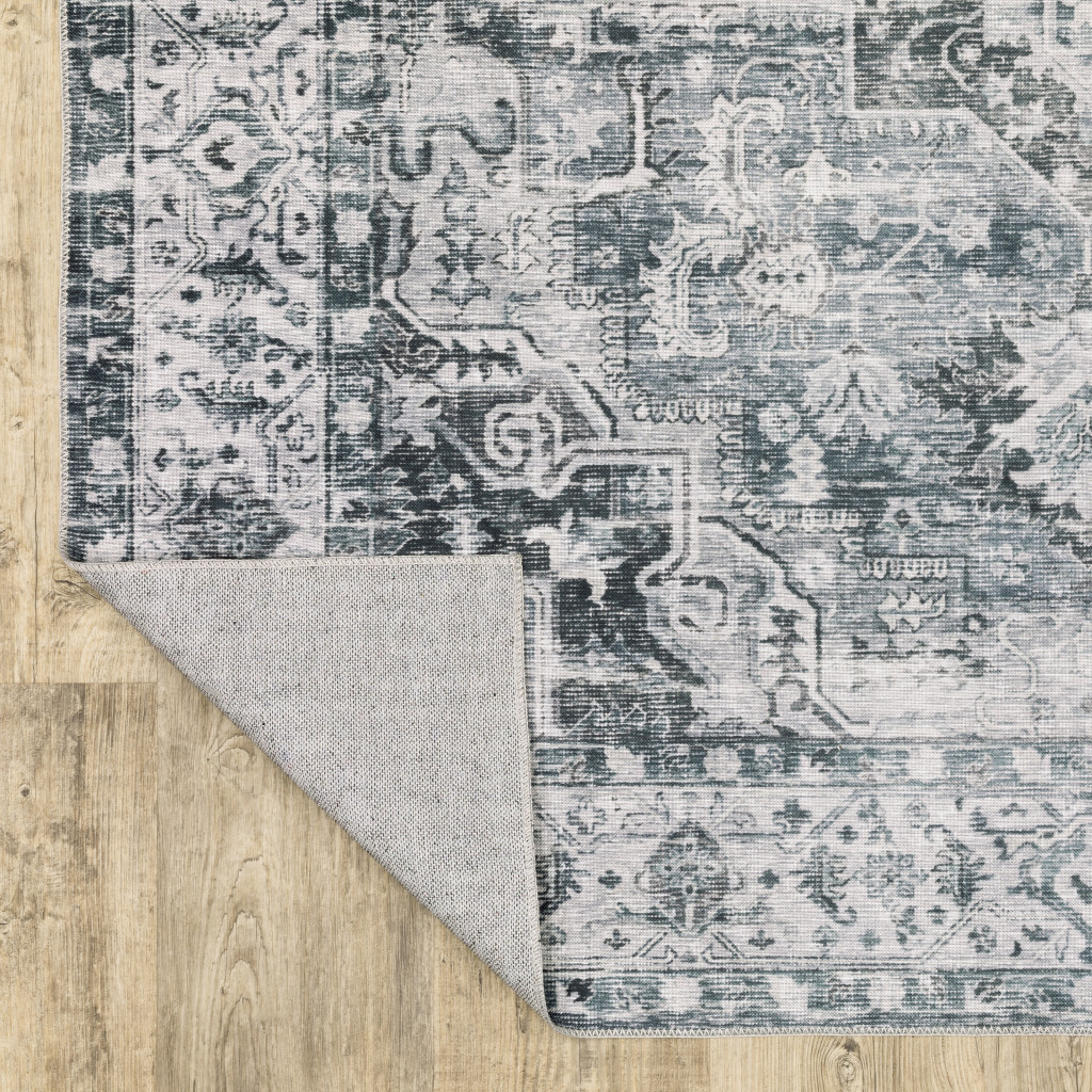 4" X 6" Navy Blue Ivory And Grey Oriental Printed Stain Resistant Non Skid Area Rug