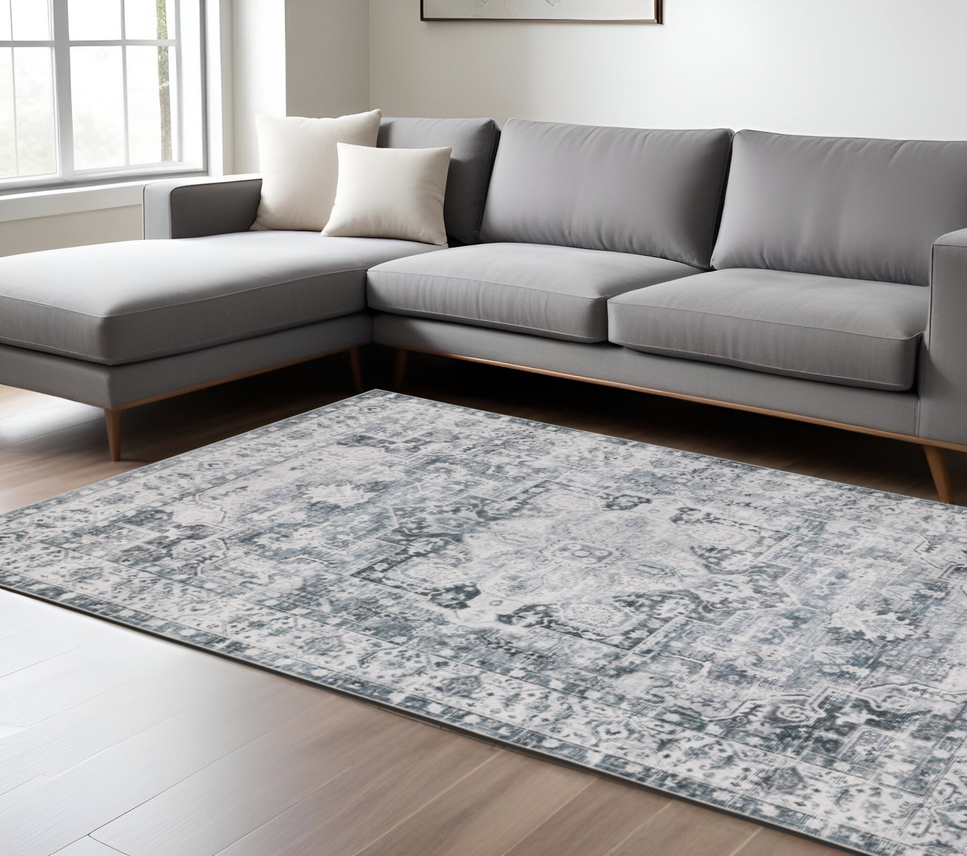 7" X 10" Gray and Ivory Oriental Non Skid Area Rug
