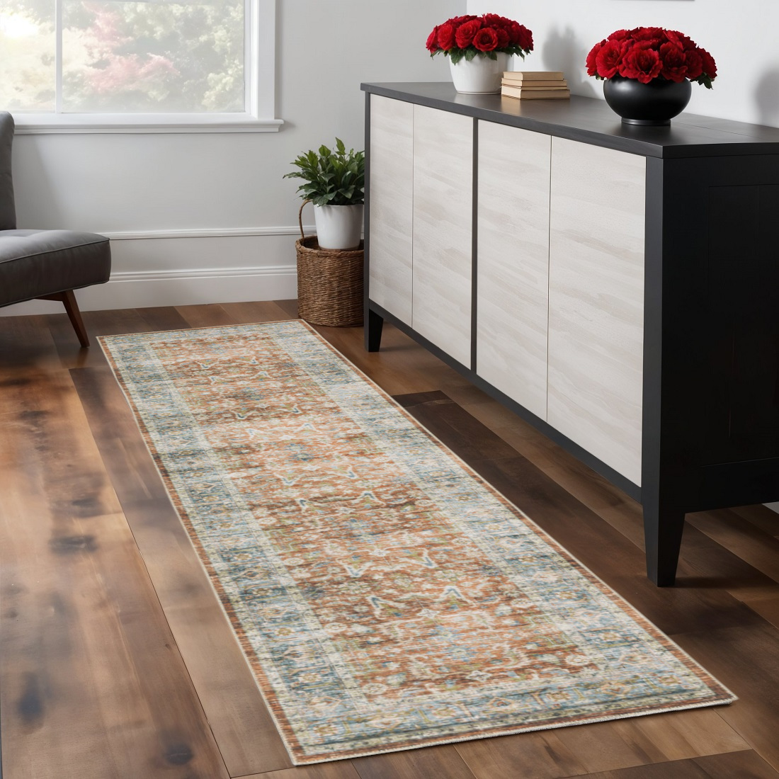 8' Rust And Blue Oriental Distressed Runner Rug-510377-1