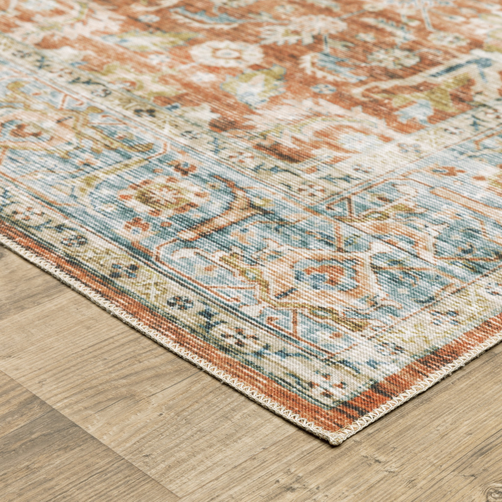7" X 10" Blue and Ivory Oriental Non Skid Area Rug