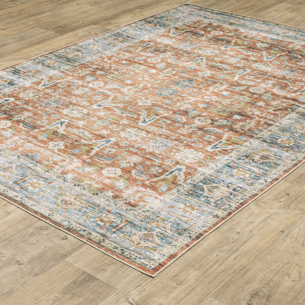 7" X 10" Blue and Ivory Oriental Non Skid Area Rug