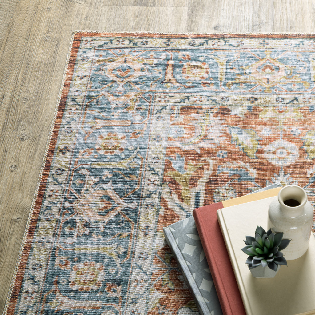 7" X 10" Blue and Ivory Oriental Non Skid Area Rug
