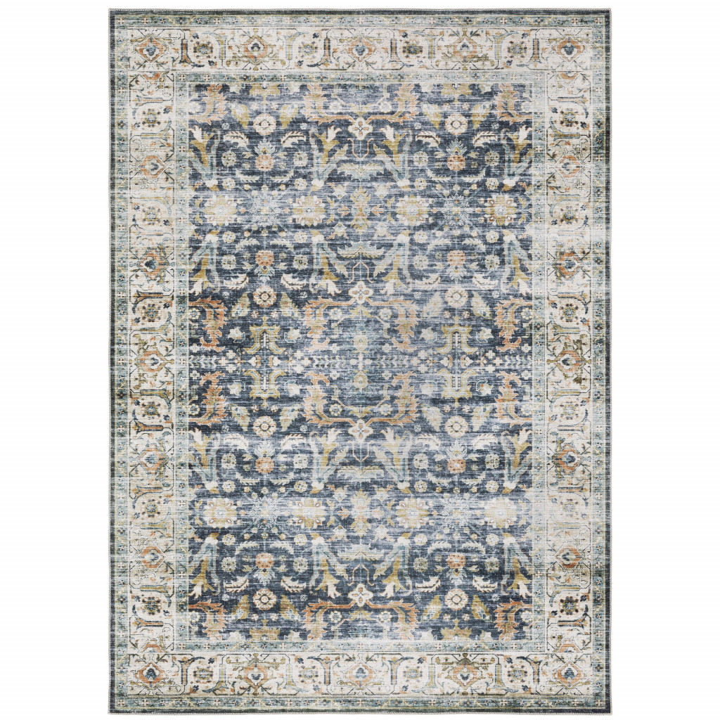 4" X 6" Blue and Ivory Oriental Non Skid Area Rug