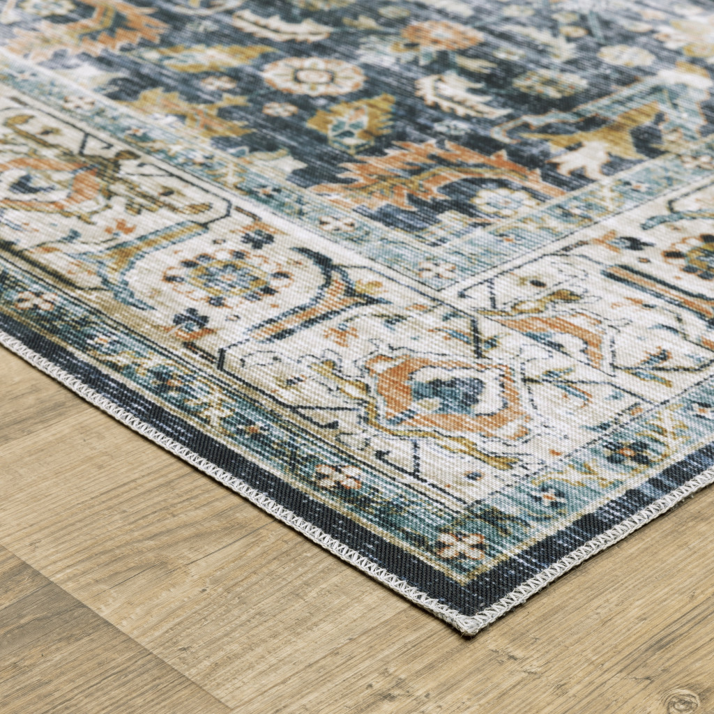 4" X 6" Blue and Ivory Oriental Non Skid Area Rug