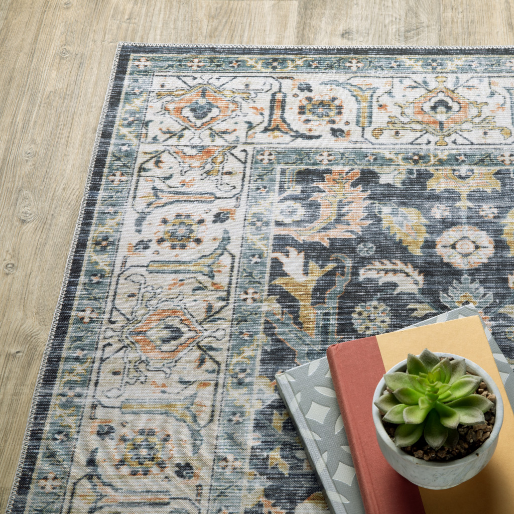4" X 6" Blue and Ivory Oriental Non Skid Area Rug