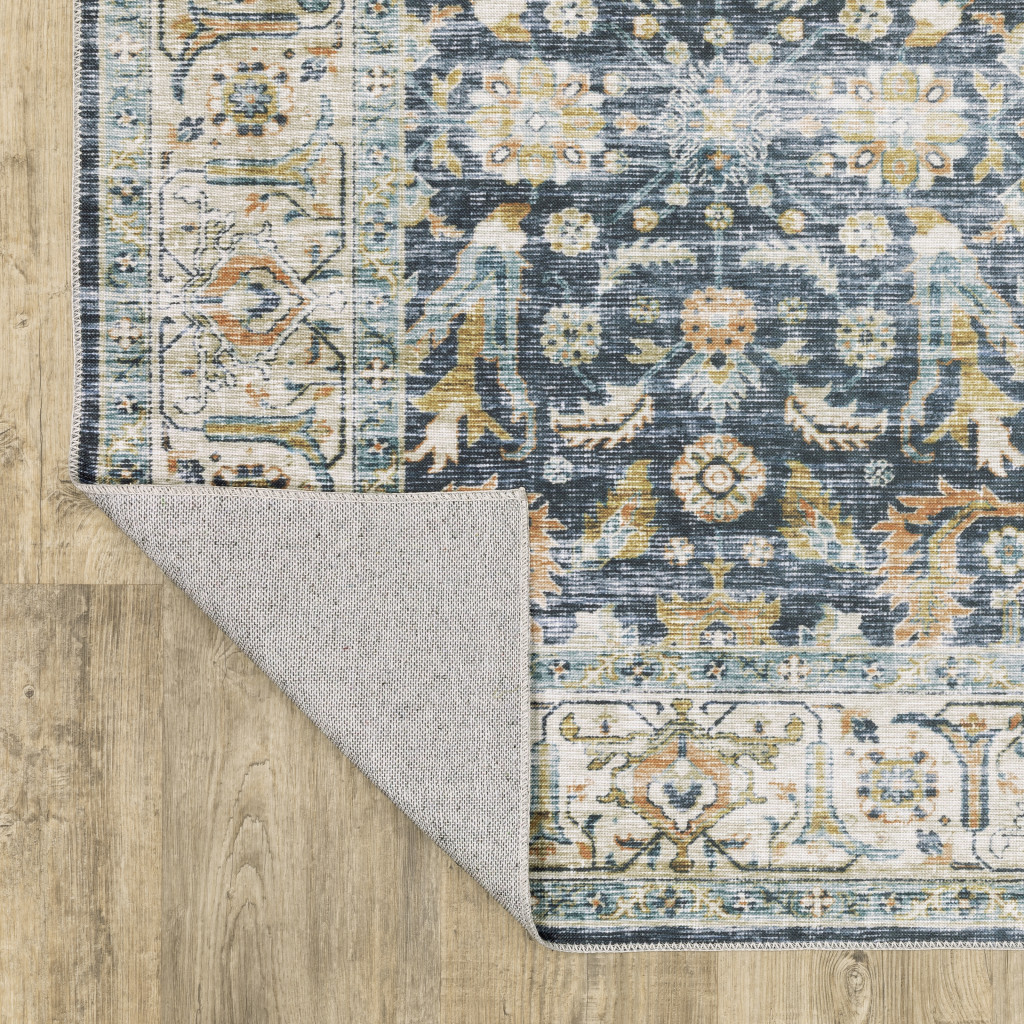 4" X 6" Blue and Ivory Oriental Non Skid Area Rug