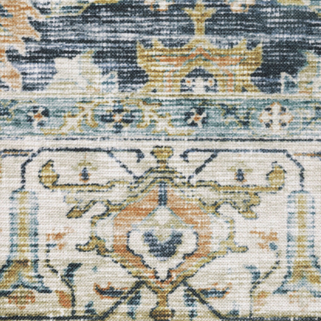 4" X 6" Blue and Ivory Oriental Non Skid Area Rug