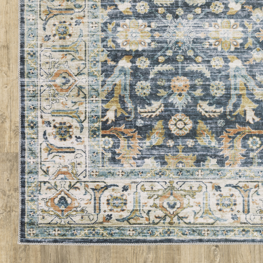 4" X 6" Blue and Ivory Oriental Non Skid Area Rug