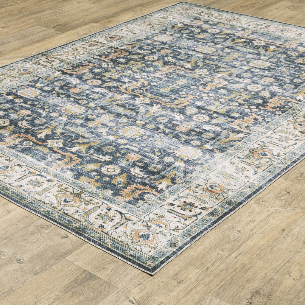 5" X 7" Blue Gold Rust Ivory And Olive Oriental Printed Stain Resistant Non Skid Area Rug