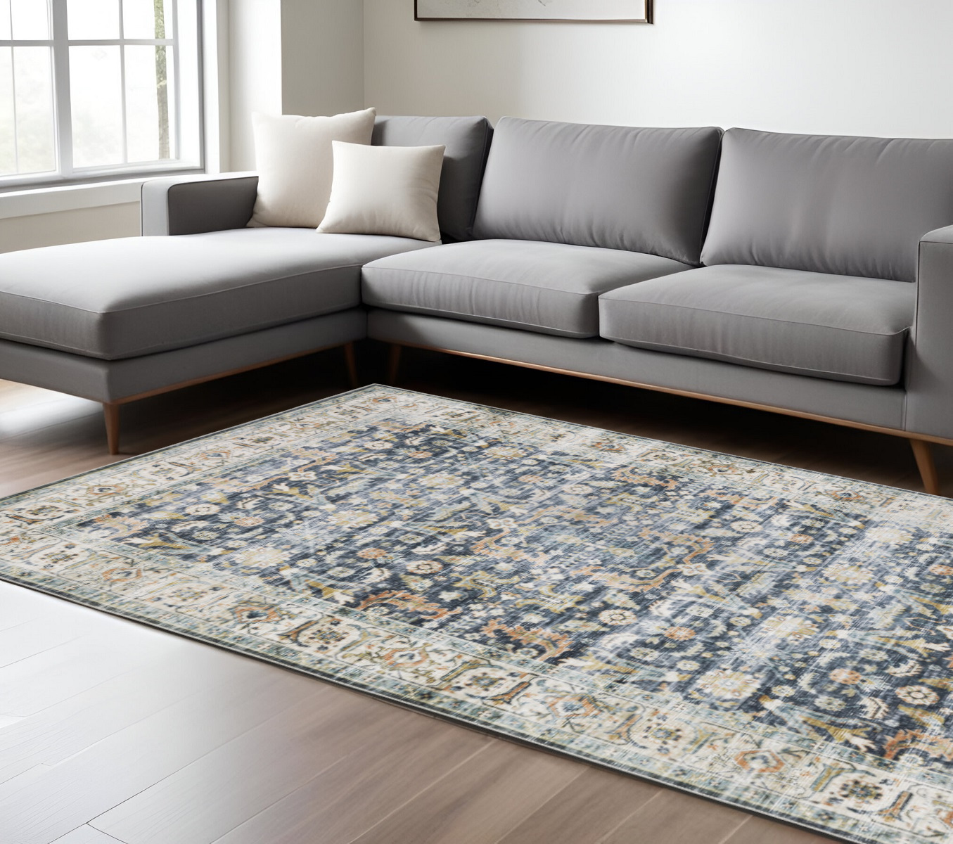 7" X 10" Blue and Ivory Oriental Non Skid Area Rug