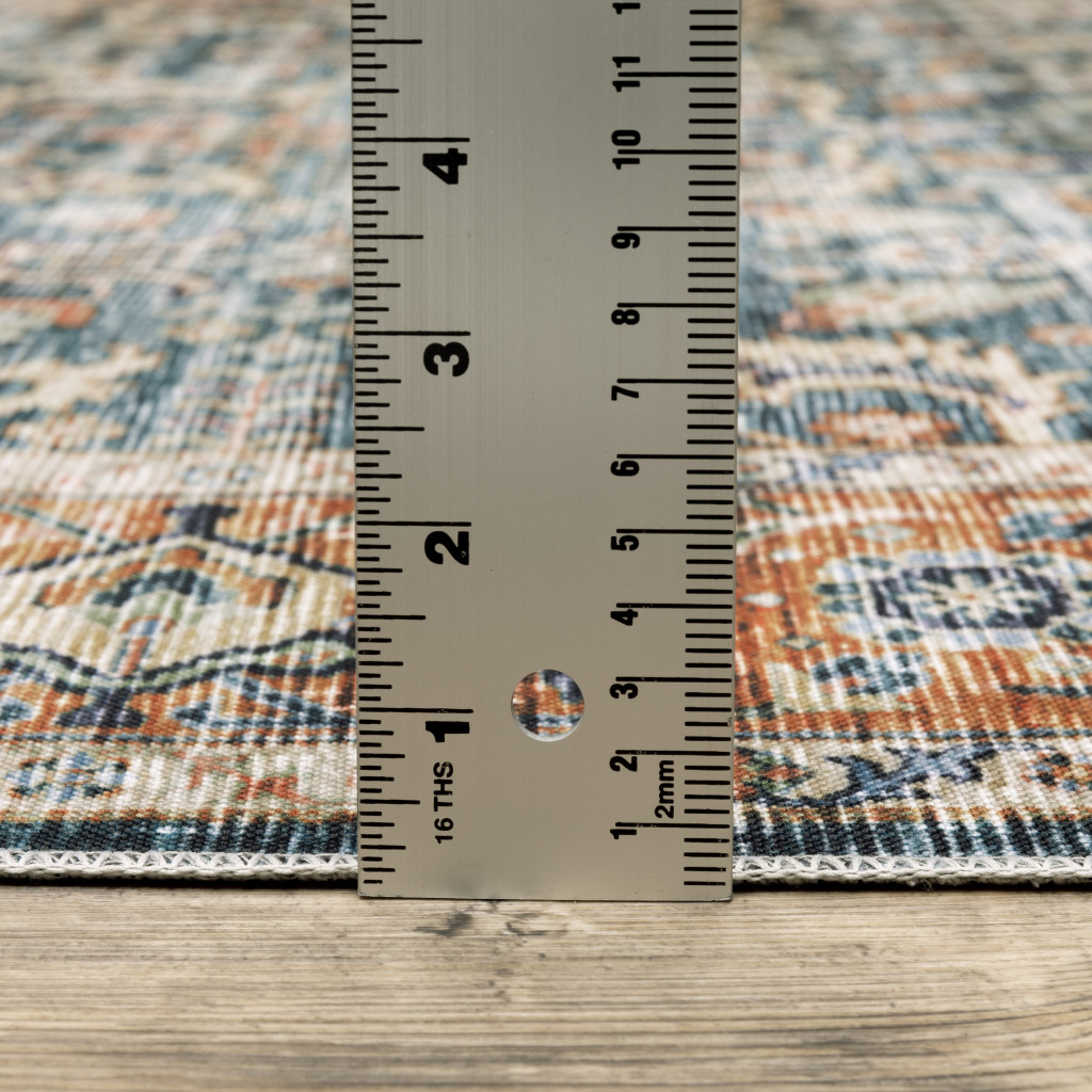 2" X 3" Blue Rust Gold And Olive Oriental Printed Stain Resistant Non Skid Area Rug