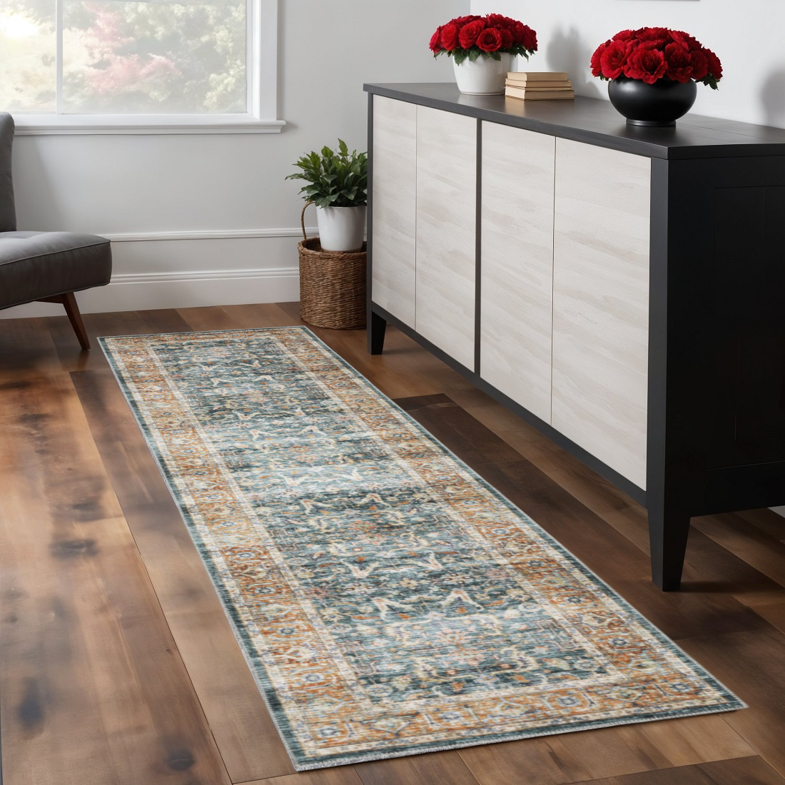 8' Blue And Rust Oriental Distressed Runner Rug-510387-1