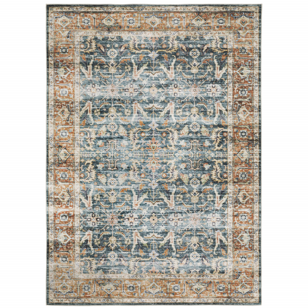 4" X 6" Blue and Beige Oriental Non Skid Area Rug