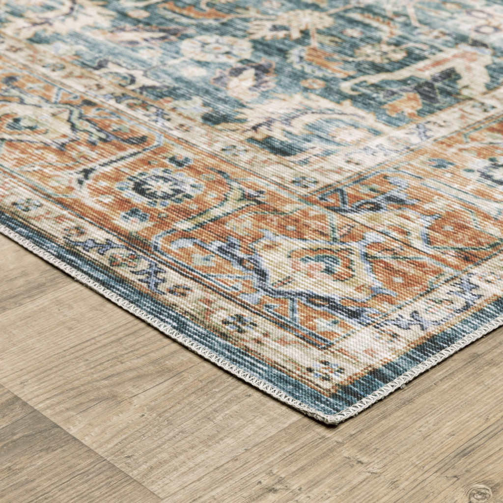 4" X 6" Blue and Beige Oriental Non Skid Area Rug