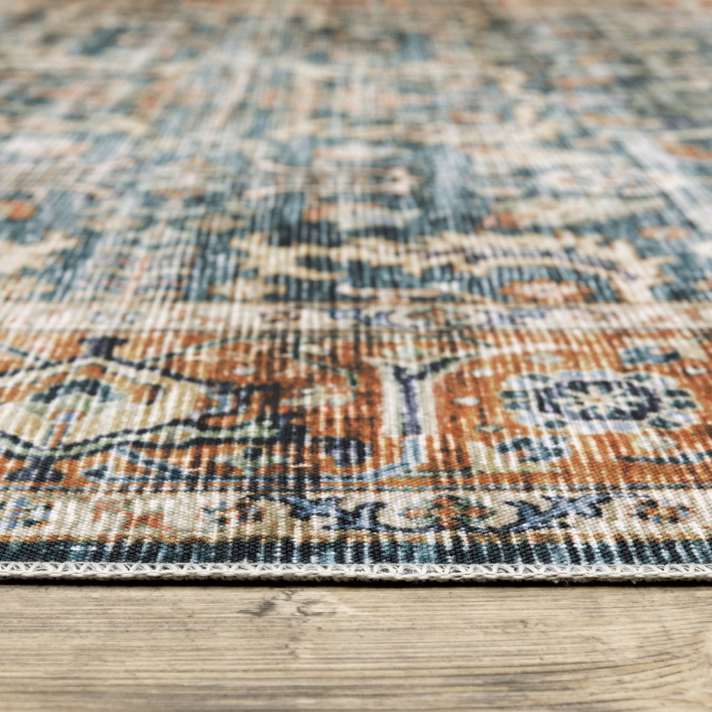 4" X 6" Blue and Beige Oriental Non Skid Area Rug