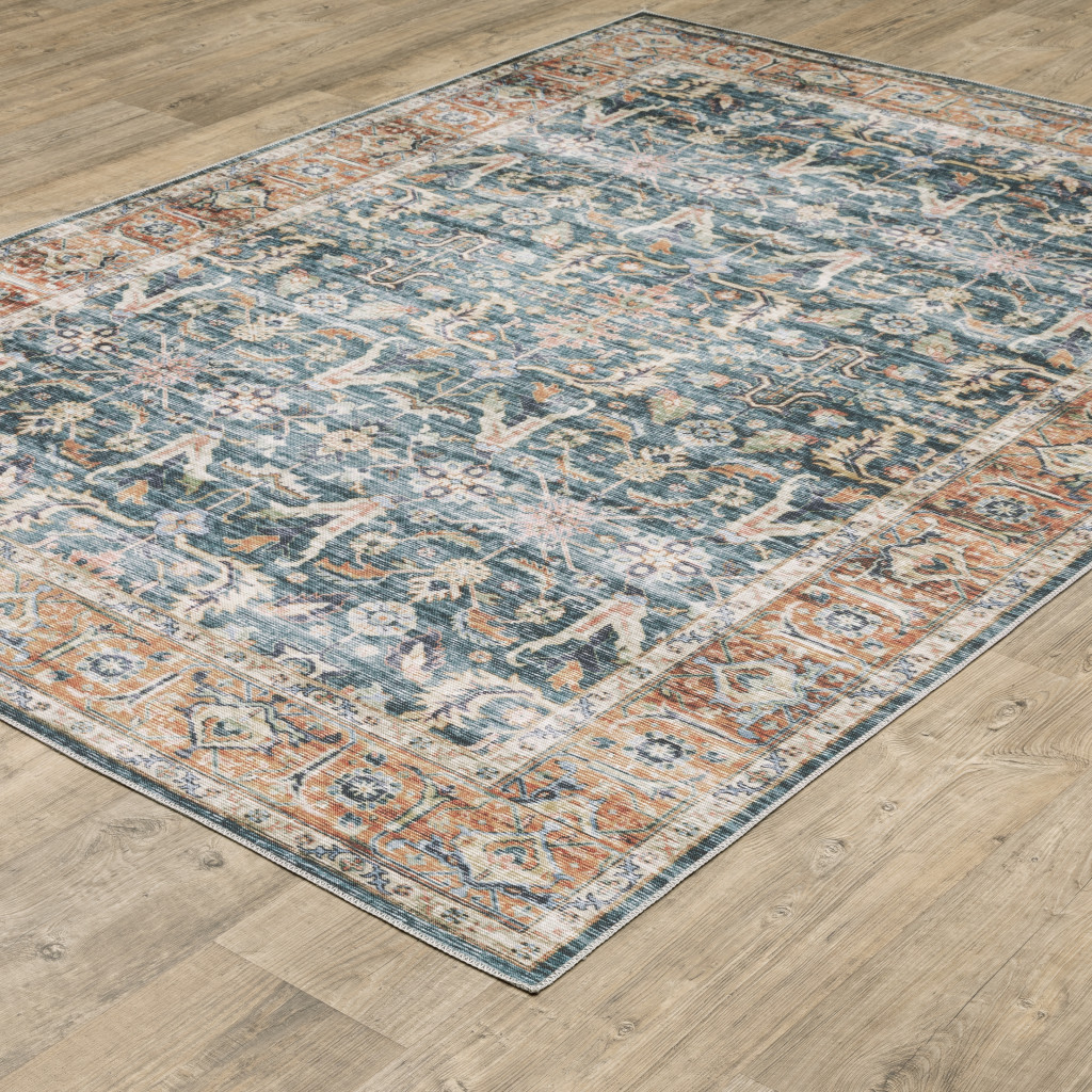 4" X 6" Blue and Beige Oriental Non Skid Area Rug