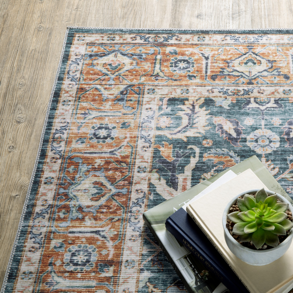 4" X 6" Blue and Beige Oriental Non Skid Area Rug