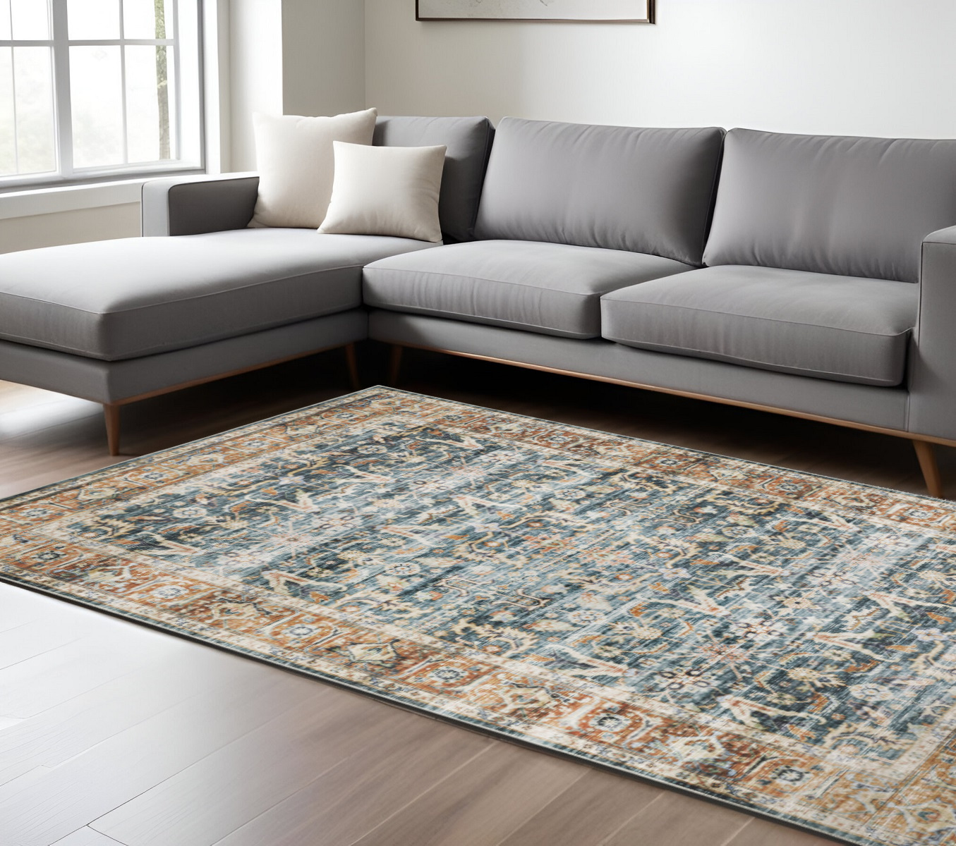 7" X 10" Blue and Beige Oriental Non Skid Area Rug