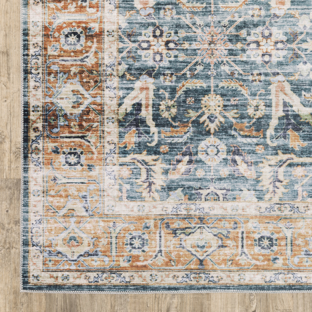 7" X 10" Blue and Beige Oriental Non Skid Area Rug
