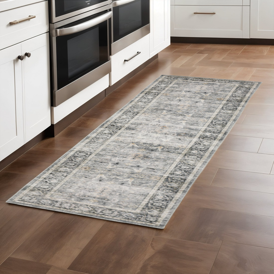 2' X 8' Charcoal Grey Salmon And Ivory Oriental Printed Stain Resistant Non Skid Runner Rug-510392-1