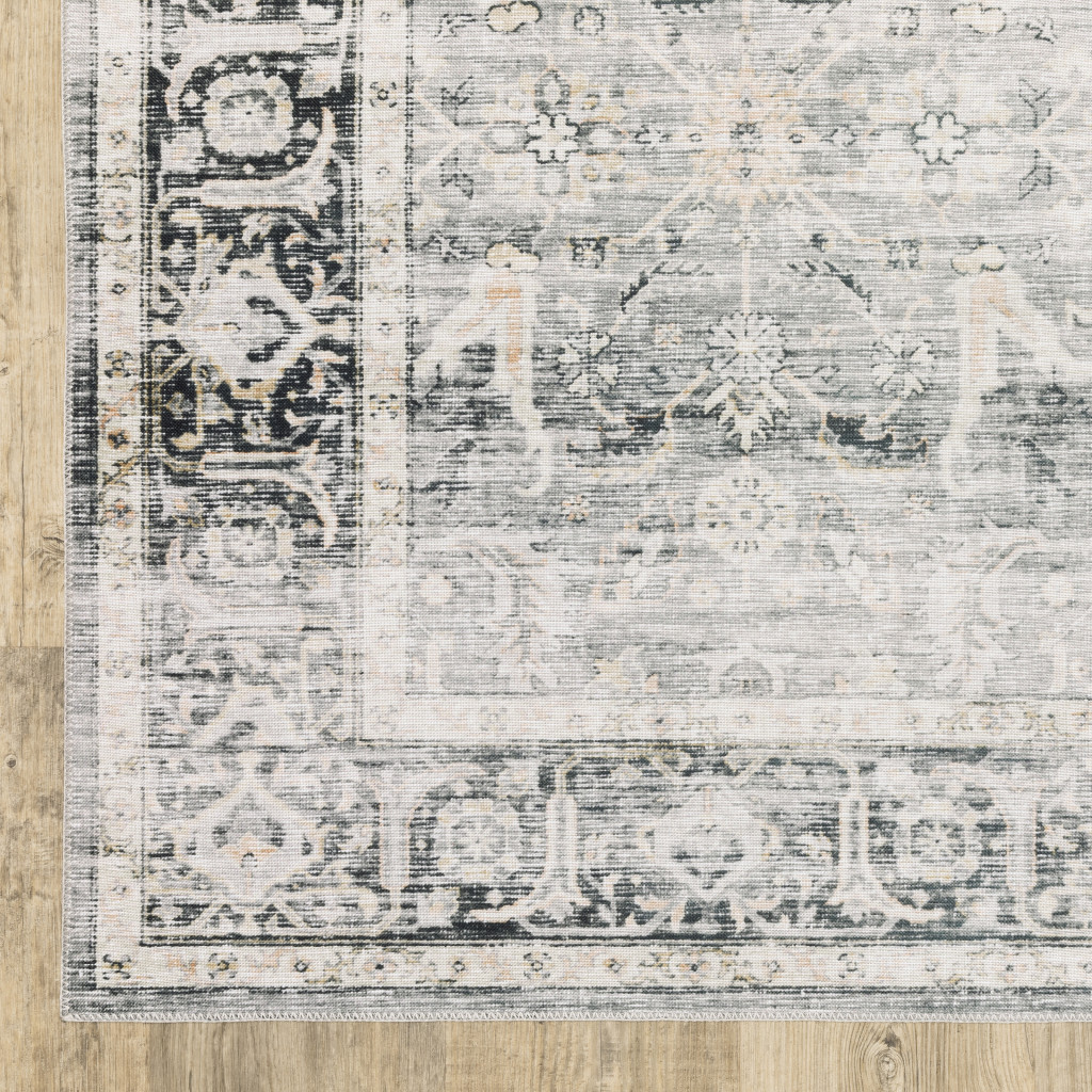 5" X 7" Charcoal Grey Salmon And Ivory Oriental Printed Stain Resistant Non Skid Area Rug