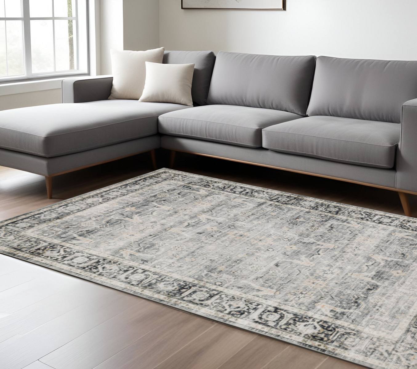 7" X 10" Gray and Ivory Oriental Non Skid Area Rug