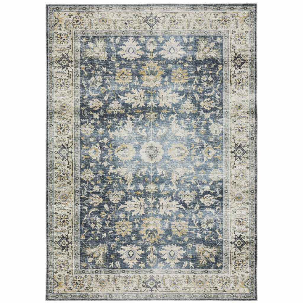 2" X 3" Blue And Ivory Oriental Printed Non Skid Area Rug