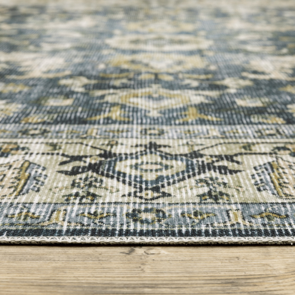 2" X 3" Blue And Ivory Oriental Printed Non Skid Area Rug