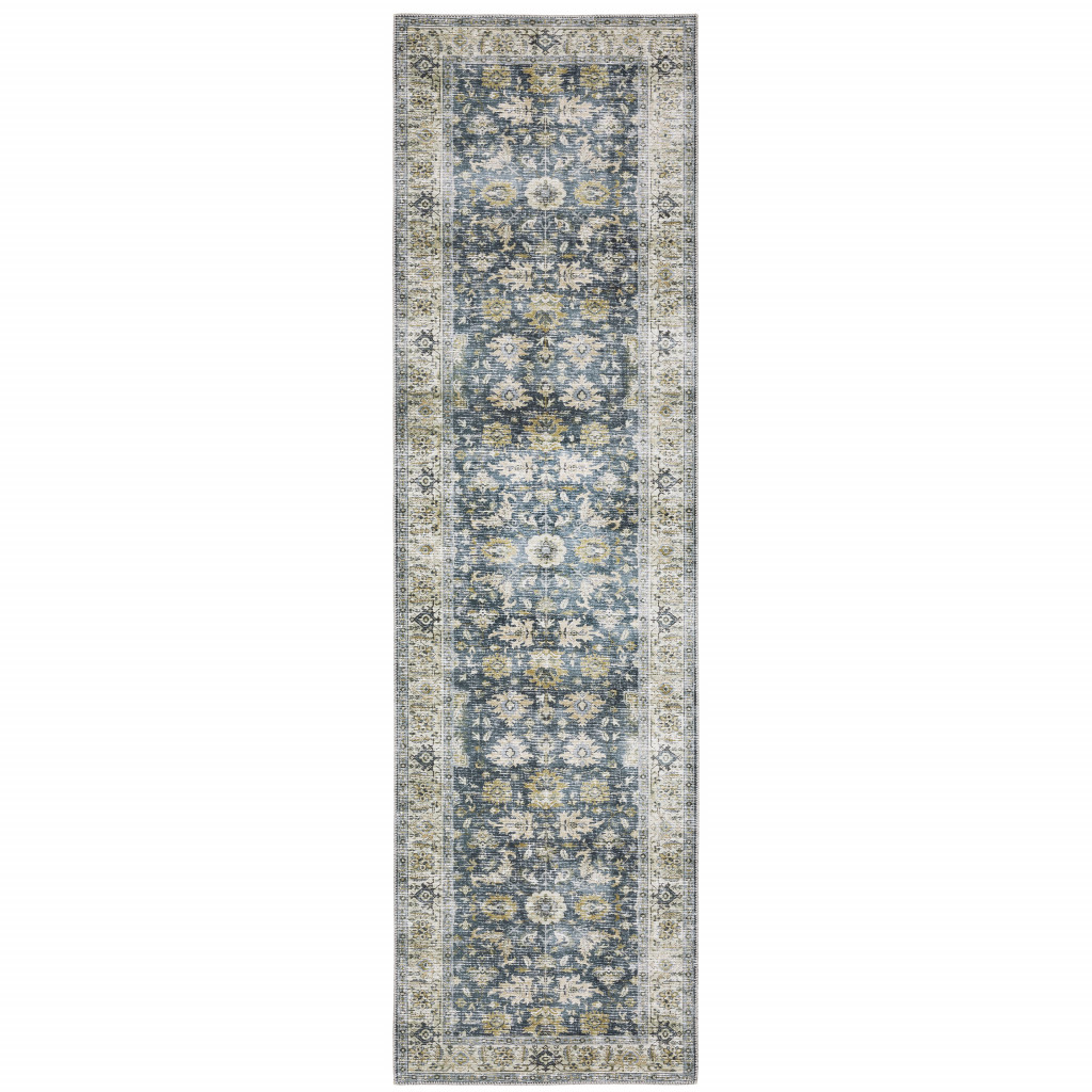 8" Blue And Ivory Oriental Printed Non Skid Runner Rug