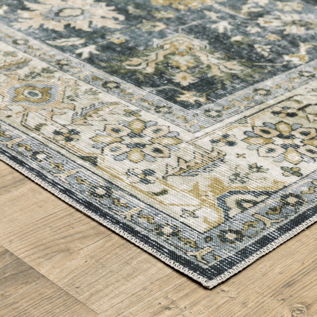8" Blue And Ivory Oriental Printed Non Skid Runner Rug