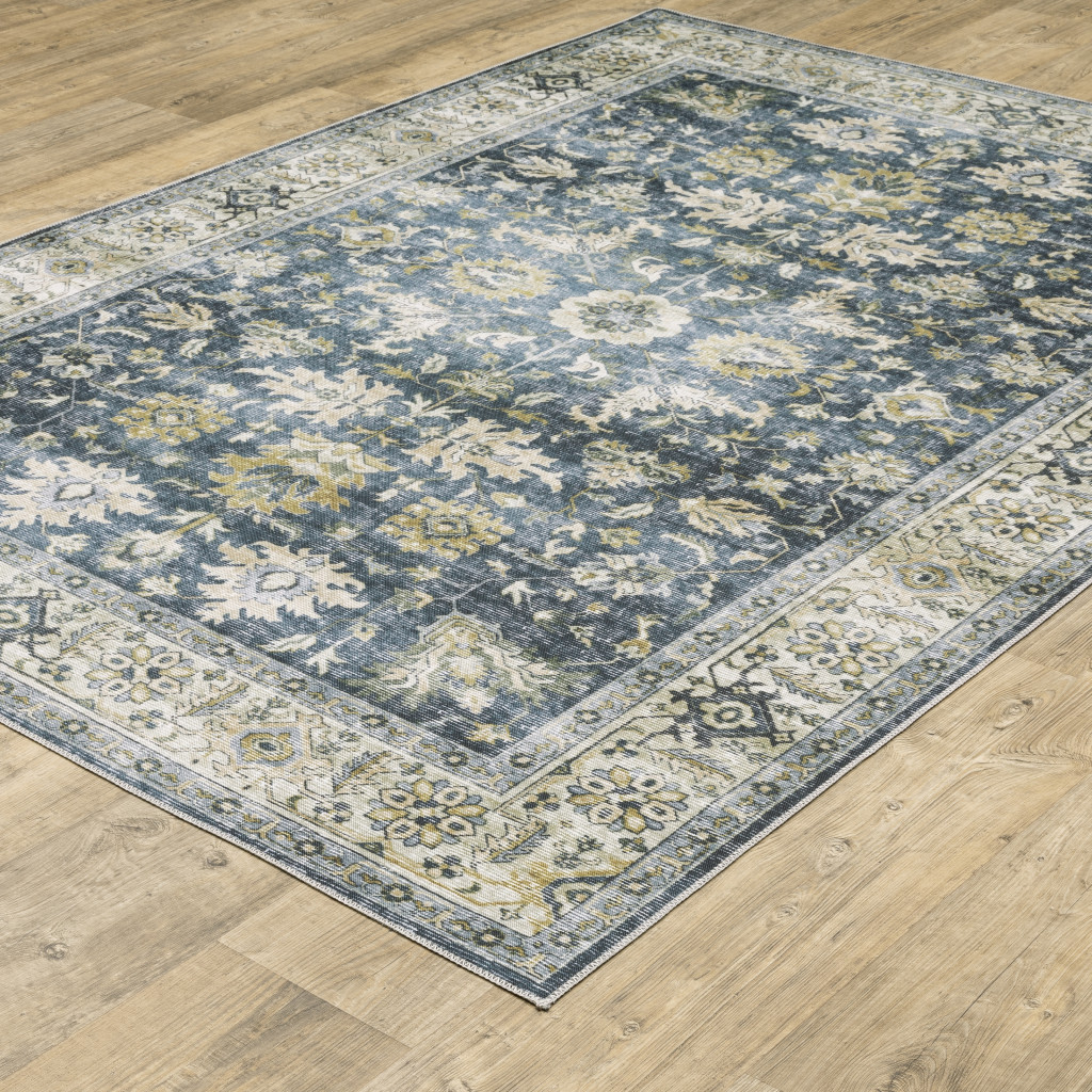 8" Blue And Ivory Oriental Printed Non Skid Runner Rug