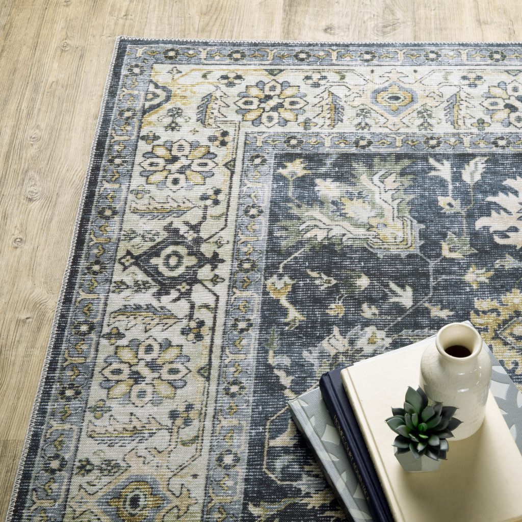 8" Blue And Ivory Oriental Printed Non Skid Runner Rug