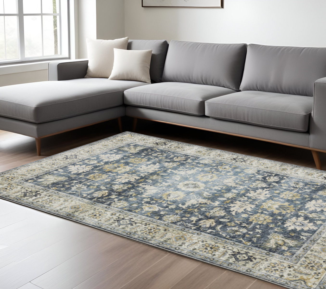 7" X 10" Blue and Ivory Oriental Non Skid Area Rug