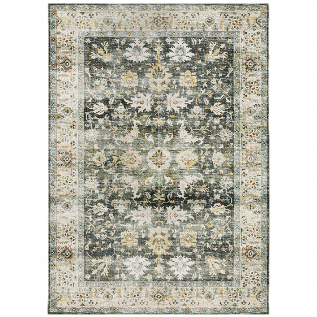 2" X 3" Grey Charcoal Gold Brown Ivory Pale Sage And Light Blue Oriental Printed Stain Resistant Non Skid Area Rug