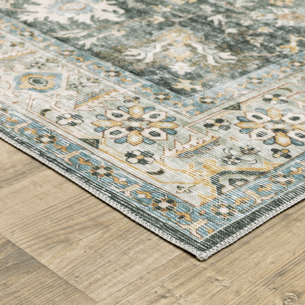 2" X 3" Grey Charcoal Gold Brown Ivory Pale Sage And Light Blue Oriental Printed Stain Resistant Non Skid Area Rug