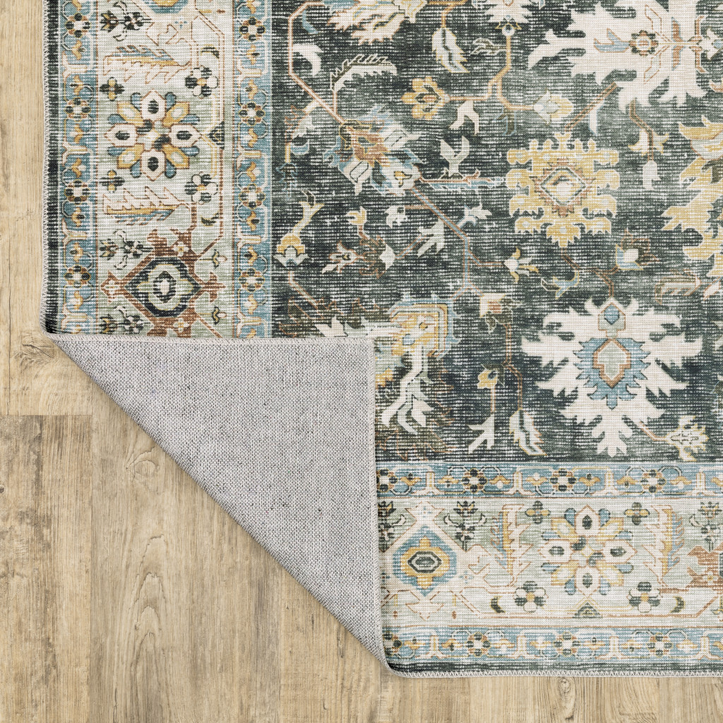 2" X 3" Grey Charcoal Gold Brown Ivory Pale Sage And Light Blue Oriental Printed Stain Resistant Non Skid Area Rug