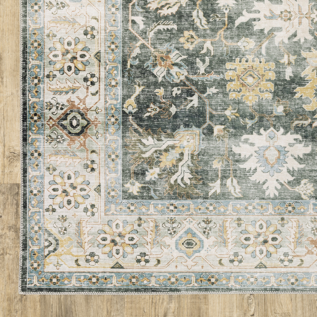 2" X 3" Grey Charcoal Gold Brown Ivory Pale Sage And Light Blue Oriental Printed Stain Resistant Non Skid Area Rug