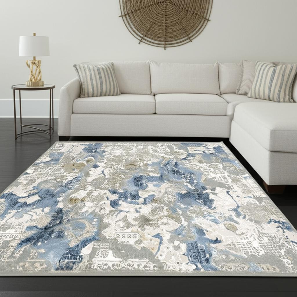 8' X 11' Grey Blue Ivory Navy Beige And Brown Abstract Power Loom Stain Resistant Area Rug-510412-1