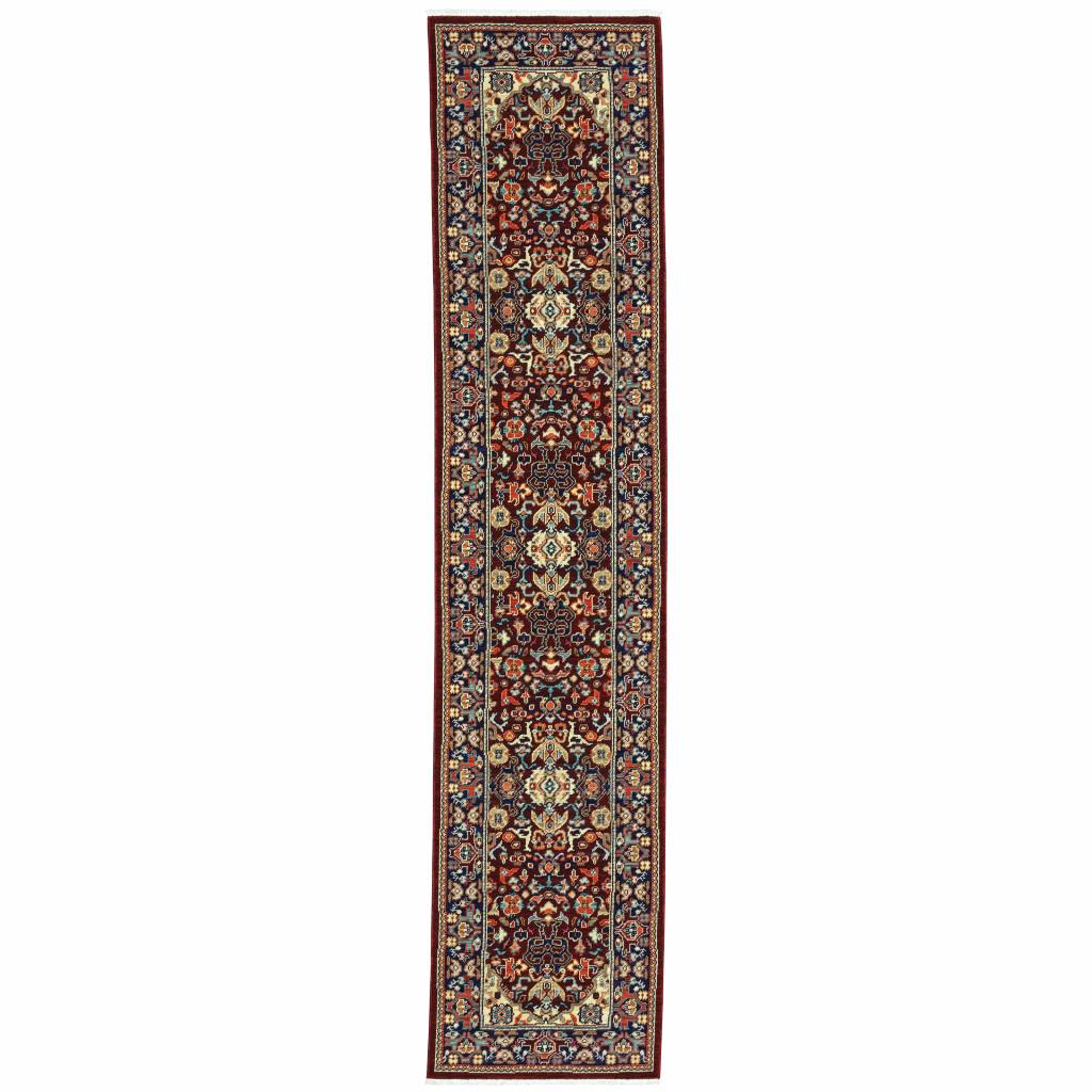 2" X 10" Blue And Red Oriental Power Loom Runner Rug With Fringe